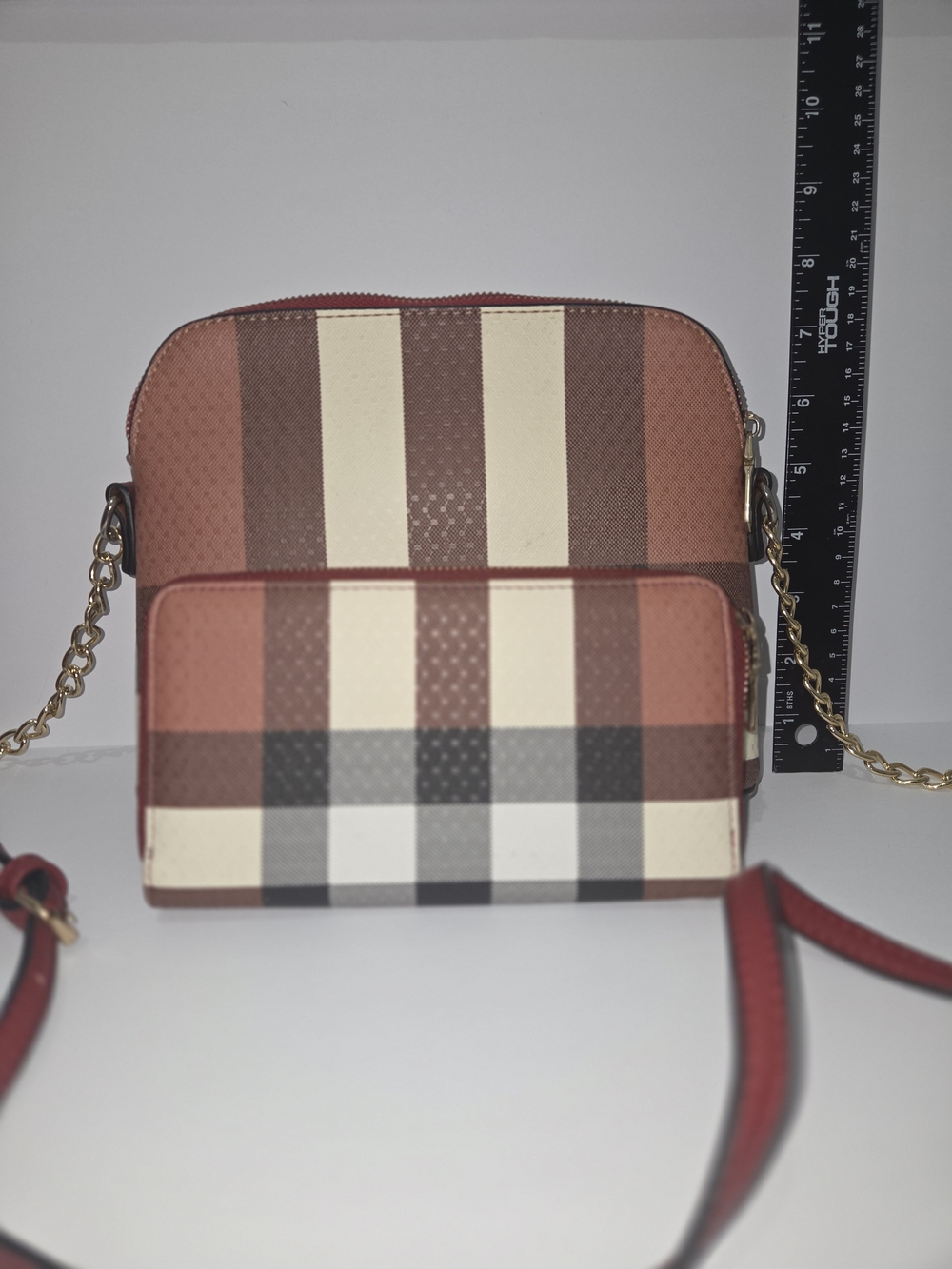 Striped Crossbody Bag and Wallet Set - Red, Brown, Cream